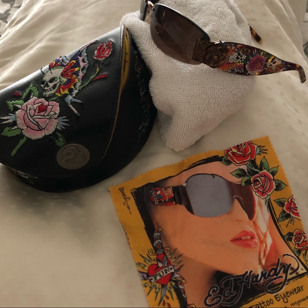 Vintage Ed Hardy Sunglasses with case and cleaner